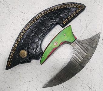(1) Fixed Blade Damascus Steel Ulu Knife With Wood Handle And Sheath