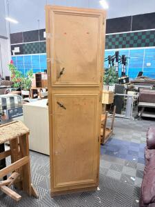 Tall Wooden Pantry Cabinet, Light Wood, 2 Doors, Raised Panel, Decorative Hardware, Floor Standing