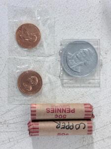 Thomas Jefferson and James Madison Commemorative Medals, 2 Rolls of 50 Copper Pennies
