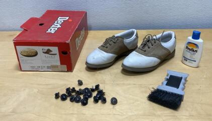 Dexter Laurie Women's Golf Shoes 7.5 US White/Tan, Leather, Removable Spikes, Box, Accessories
