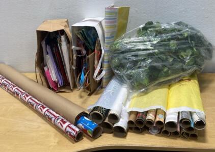 Large Assorted Lot Gift Wrapping Rolls, Bags & Tissue + Artificial Pothos Ivy Vine Decor