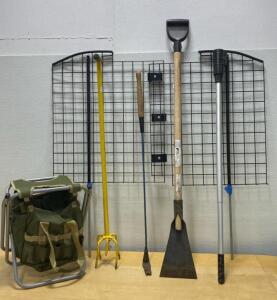 Assorted Garden Tool Set with Storage Bag, Folding Stool, Wall Rack, Hoe, Cultivator, Rake