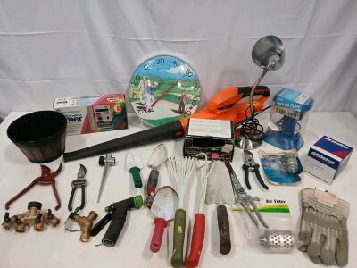 Assorted Garden Tools & Yard Accessories Lot with Taylor Thermometer & WaterMaster Timer
