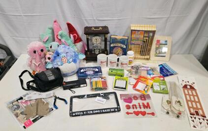 Large Mixed Lot: Keystone Fun Shooter Camera, Plush Toys, Quartz Mantle Clock, Games & Crafts
