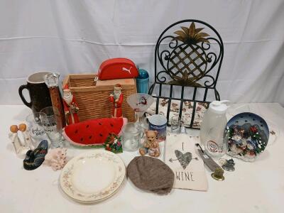 Large Mixed Lot: Home Decor, Drinkware, Santa Figurines, Metal Rack, Collectibles