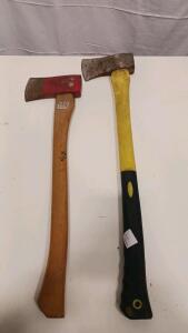 Pair of Hatchets: Wood & Composite Handles, Steel Heads, 15in & 14in Lengths, Red, Yellow/Black