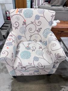 Floral Pattern Upholstered Armchair, Rolled Arms, Dark Wood Legs, Approx. 35"x36"x38"