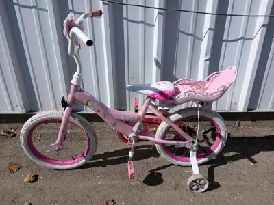 Disney Princess 16" Girls Bike, Steel Frame, Training Wheels, Doll Seat, Pink/White, Coaster Brake