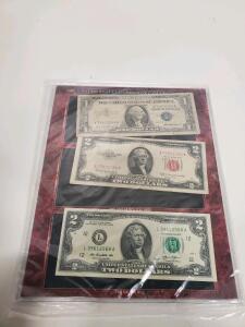 United States Currency Collection Set: 1957B $1 Silver Certificate, 1963A $2 Red Seal, 1976 $2 Bill, COA