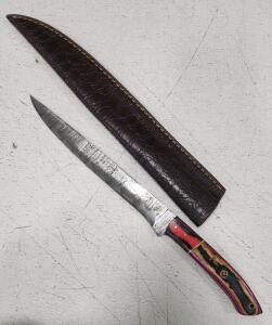 (1) Fixed Blade Damascus Steel Filet Knife With Wood Handle And Sheath