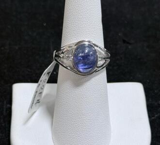 Sterling Silver Tanzanite Ring 3.63 ct Oval Cabochon with 0.07 ct Diamond Accents, K22E4