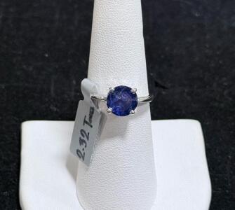 2.32ct Tanzanite Solitaire Ring, Round Cut, K12E9, 4-Prong Setting, Filigree, White Metal
