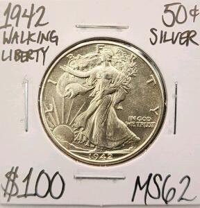 1942 MS62 Silver Walking Liberty Half Dollar