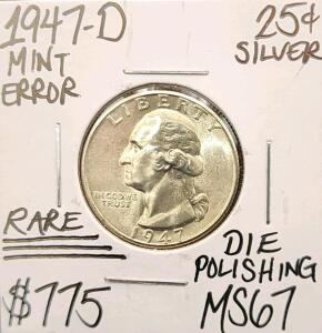 1947-D MS67 RARE Mint Error Gem Silver .25c