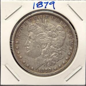 1879 Morgan Silver Dollar Coin, Philadelphia Mint, Circulated, 90% Silver, 38.1 mm