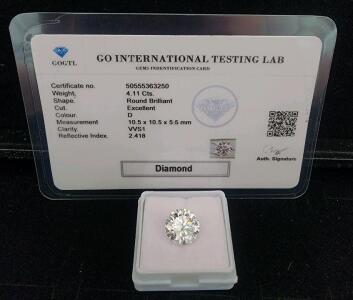 (1) Lab Grown 4.11 Ct Round Brilliant Excellent Diamond W/ Gem Identification Card