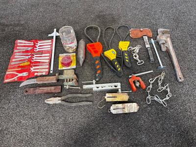 Mixed Lot of 30+ Hand Tools & Hardware &ndash; Includes Wrenches, Pliers, Hatchet, Scales, and More