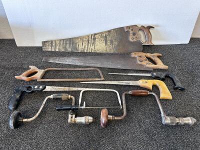 Vintage Hand Tool Lot: 2 Large Panel Saws, 3 Compass Saws, Coping Saw, Braces, Hacksaw, USA Era