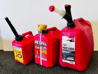 Set Of 3 Gasoline Cans &ndash; 1, 2.5, 5 Gallon &ndash; Midwest Can, No-Spill, Press&rsquo;n Pour, Safety Spouts