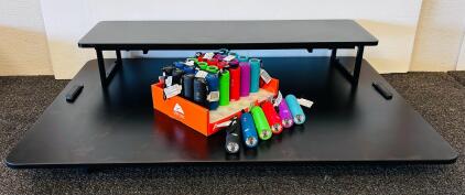 Adjustable Black 2-Tier Standing Desk Riser Converter, Approx. 32"x22", Manual Height, Good Cond And (30) Ozark Trail Flashlights