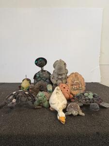 Assorted Garden Statues Lot&mdash;Turtles, Frog, Gnome, Goose, Metal & Concrete, Multi-Color Animal Decor