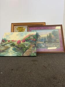 Set of 3 Framed and Unframed Landscape Wall Art Pieces, Mixed Media, 24x36, 22x28, 24x30 Inches