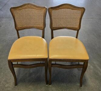 Vintage Folding Cane Back Dining Chairs, Wood Frame, Padded Vinyl Seat, Set Of 2