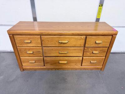 9-Drawer Oak Veneer Dresser With Brass-Look Handles, Approx. 65.5" W x 20.5" D x 31.5" H