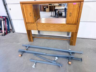 Oak Headboard With Mirror, Storage Cabinets & Shelf For Full/Queen Bed, Approx 62"W x 49"H