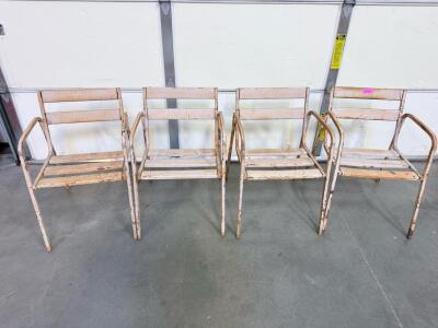 Set Of 4 Stackable Metal Patio Chairs With Armrests, Heavy Rust, Slatted Industrial Style