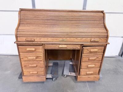 S & W Roll Top Desk, Double Pedestal, Solid Oak, 54" x 28.5" x 49"