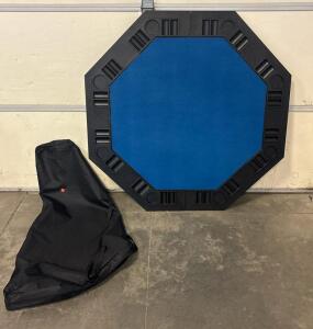 47" Octagonal Folding Poker Table Top with Blue Felt, 8 Player Positions, Cup Holders, and Carrying Case