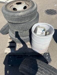 5 LT225/75R16 Light Truck Tires With Steel Rims & Bucket Of Automotive Fluids