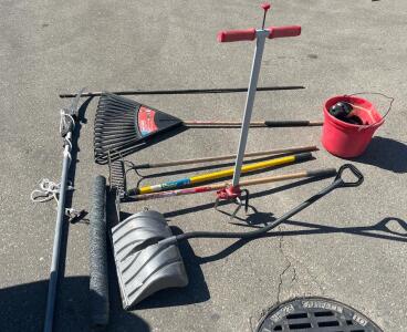 Craftsman Rake, Corona Post Hole Digger, Toro PowerSweep & Assorted Landscaping Tools