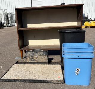 Mixed Office Facility Lot: 2 Blue Recycling Bins, 1 Black Trash Can, Bookcase, Toolbox, Entry Mat