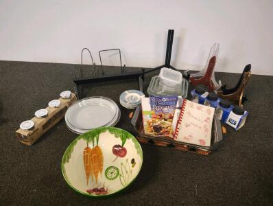 Picture stands, salad bowl, pyrex pie dishes, cook books, shelf with brackets, spice containers, jars, ash trays, 9x13 casserole dish with decorative holding tray, storage bowls with one lid and more