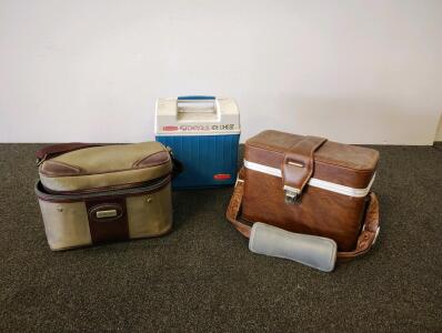 Vintage Jaguar Vanity Case, Rubbermaid Sidekick Cooler & Brown Train Case &ndash; Travel Accessories Lot