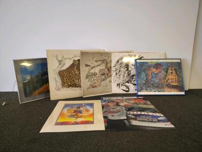 Lot of 7 Artworks: Sarah DeRosa Leopard Print, JW '98 Wildlife Sketches, Disney Aladdin Lithograph, Framed Puzzle & More