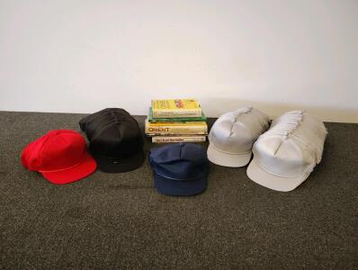 Lot of 87 Structured Rope Snapback Hats &ndash; Red, Navy, Black, White &ndash; Adjustable Flat Bill and miscellaneous books