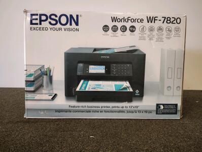 Epson WorkForce WF-7820 Printer, Wide-Format, AIO, 13x19", DTF Film, Business Cards (Comes With Power Cord, Tested and Powers On)