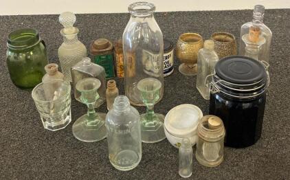 Vintage Glass Bottles, Spice Tins, Milk Jar, and Apothecary Lot &ndash; Early-Mid 20th Century