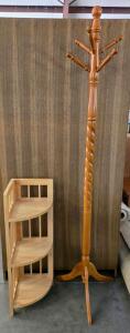 Solid Wood 3-Tier Corner Shelf & 8-Hook Freestanding Spiral Coat Rack, 34" & 71" Tall