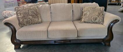 Traditional 3-Seater Sofa with Beige Corduroy Fabric and Wood Trim, Includes 2 Decorative Pillows