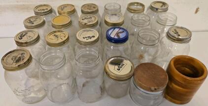 22 Vintage Kerr Glass Canning Jars With Lids & 2 Wooden/Glass Storage Containers