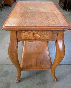 Solid Oak End Table With Drawer And Shelf, Cabriole Legs, 24"x16"x28", Light Finish