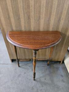Vintage Wooden Demilune Console Table, 4 Turned Legs, Cross Stretcher, Approx. 30" x 15" x 30"