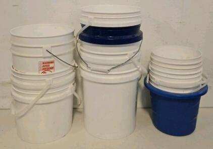 Assorted White And Blue 5-Gallon Plastic Utility Buckets With Handles And Warning Labels, Stackable