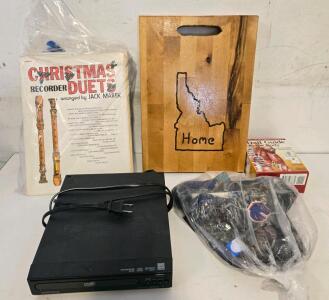 Boise State Hats, Wooden Cutting Board, Magnavox DVD Player, Flashcards, Sheet Music