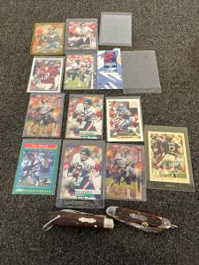 Erik Kramer Autographed NFL Football Cards Lot + 1998 Bears Ticket & 2 Vintage Pocket Knives