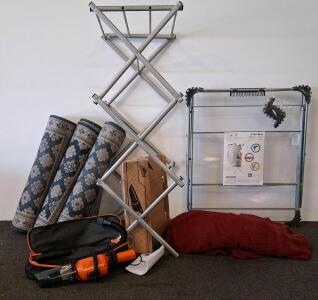 Mixed Home goods: Venetio CAL011 Silver Drying Rack, Armor All Car Vacuum, 3 Blue Rugs, Red Sofa Cover
